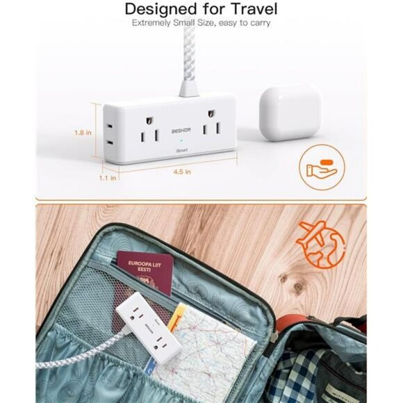 Flat Extension Cord 6 feet Flat Plug Power Strip 4 Widely Outlets with 3 USB P - Picture 5 of 7